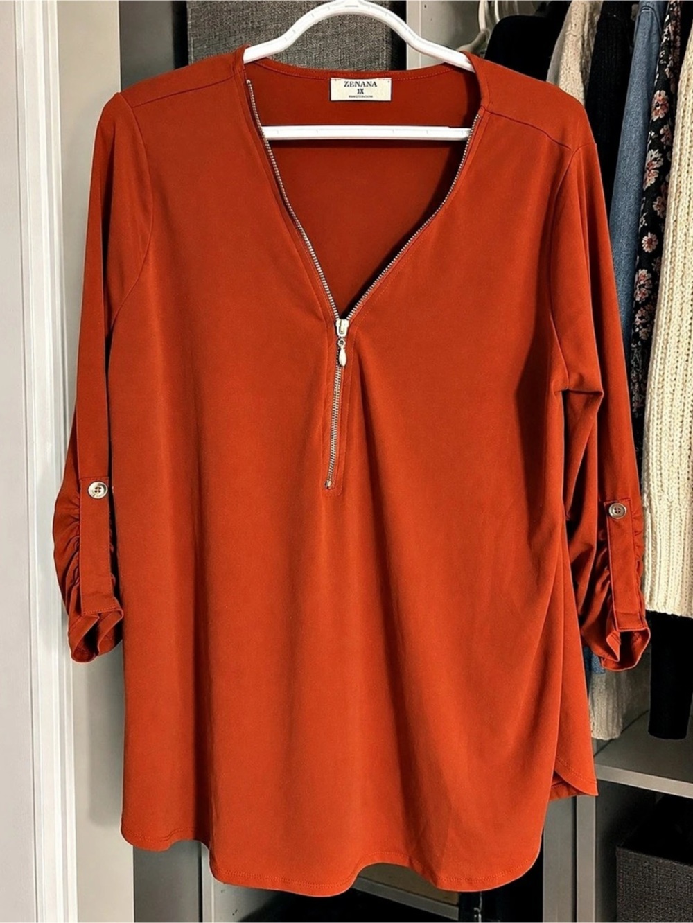 Zenana Half Zip Roll Tab Sleeve Tunic Blouse Orange 1X